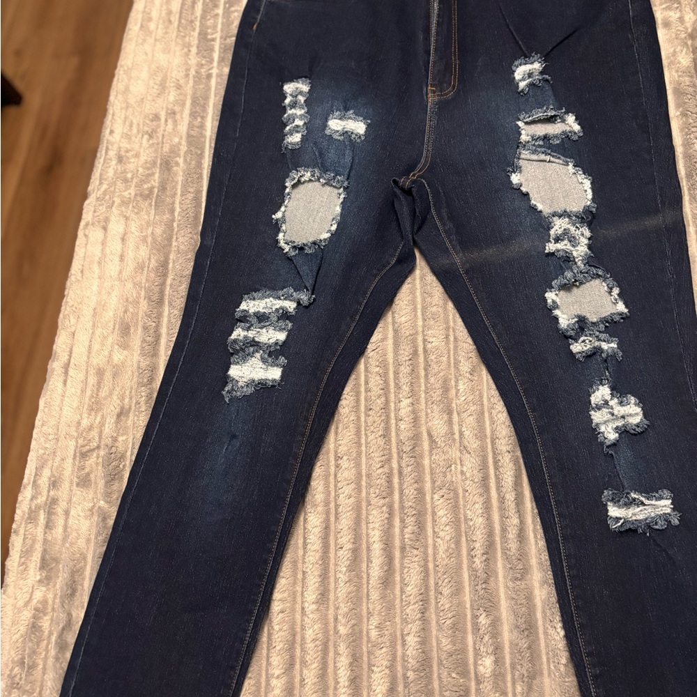 Fashion Nova Distressed Skinny Jeans - Dark Blue